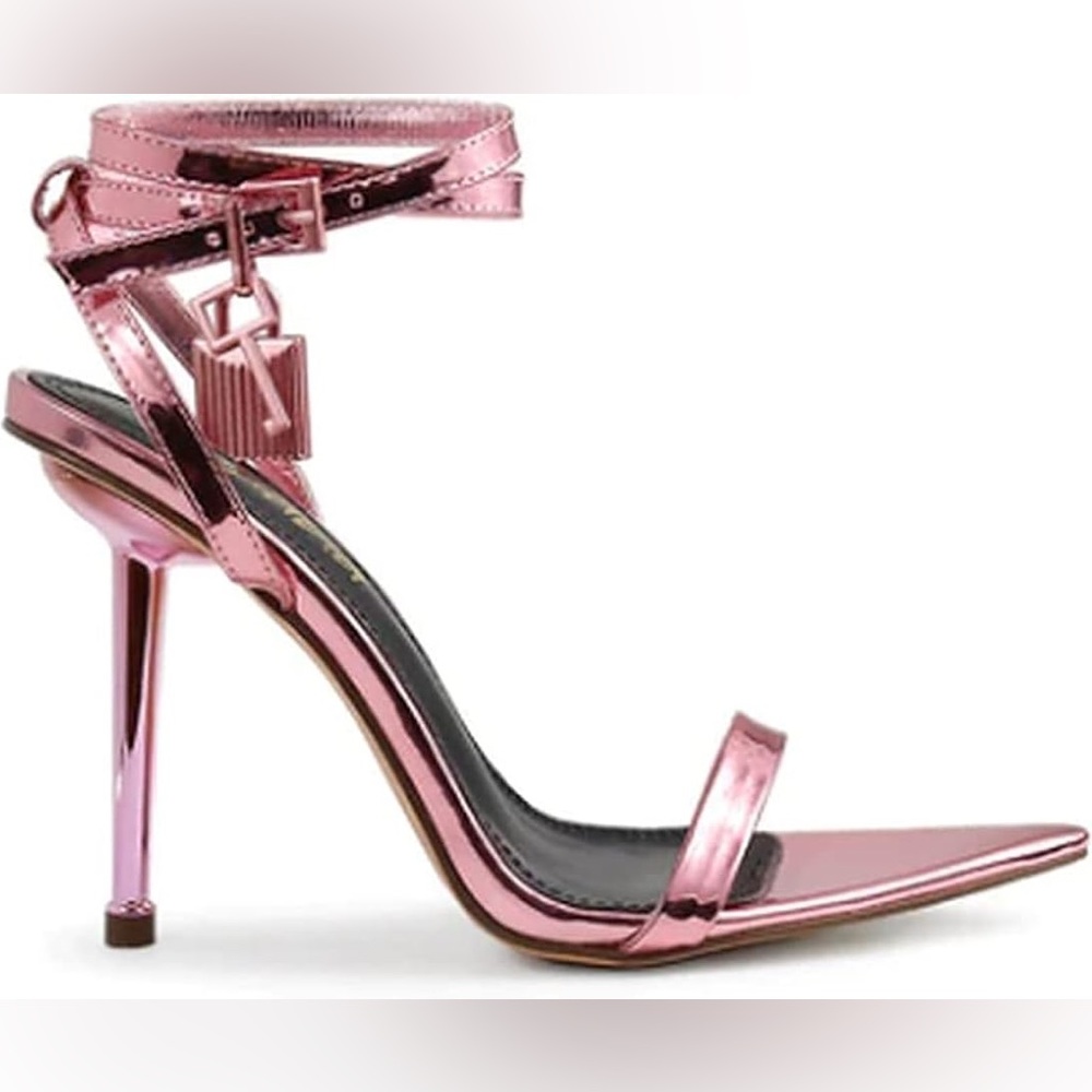 Pink metallic Padlocks Lock Heeled Sandals